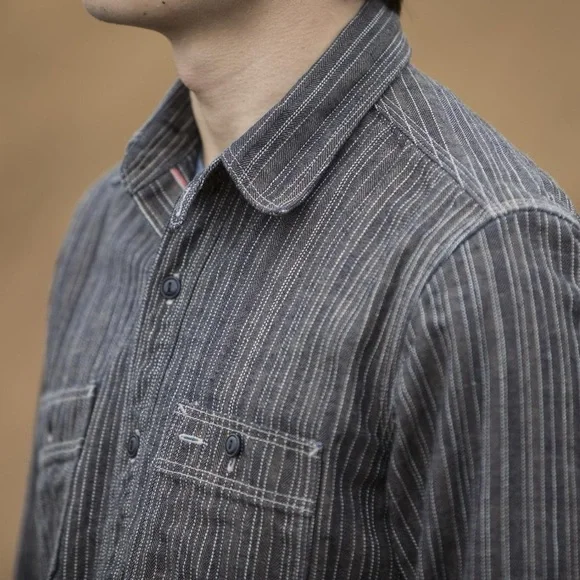 Gustin #8 Japan Wabisabi Workshirt Gray Stripe Button Down Shirt Long Sleeve XXL - Picture 2 of 9
